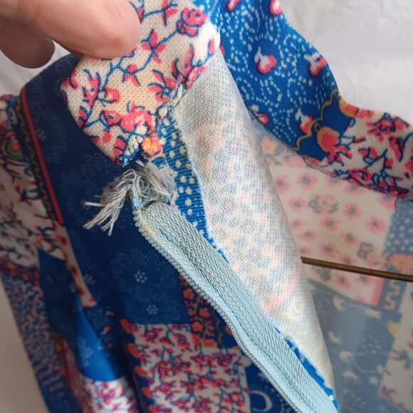 1OF1 XS Vintage 70s Patchwork Maxi Dress Ruffled Hem Prairie Disco Print 1970's - Picture 7 of 8